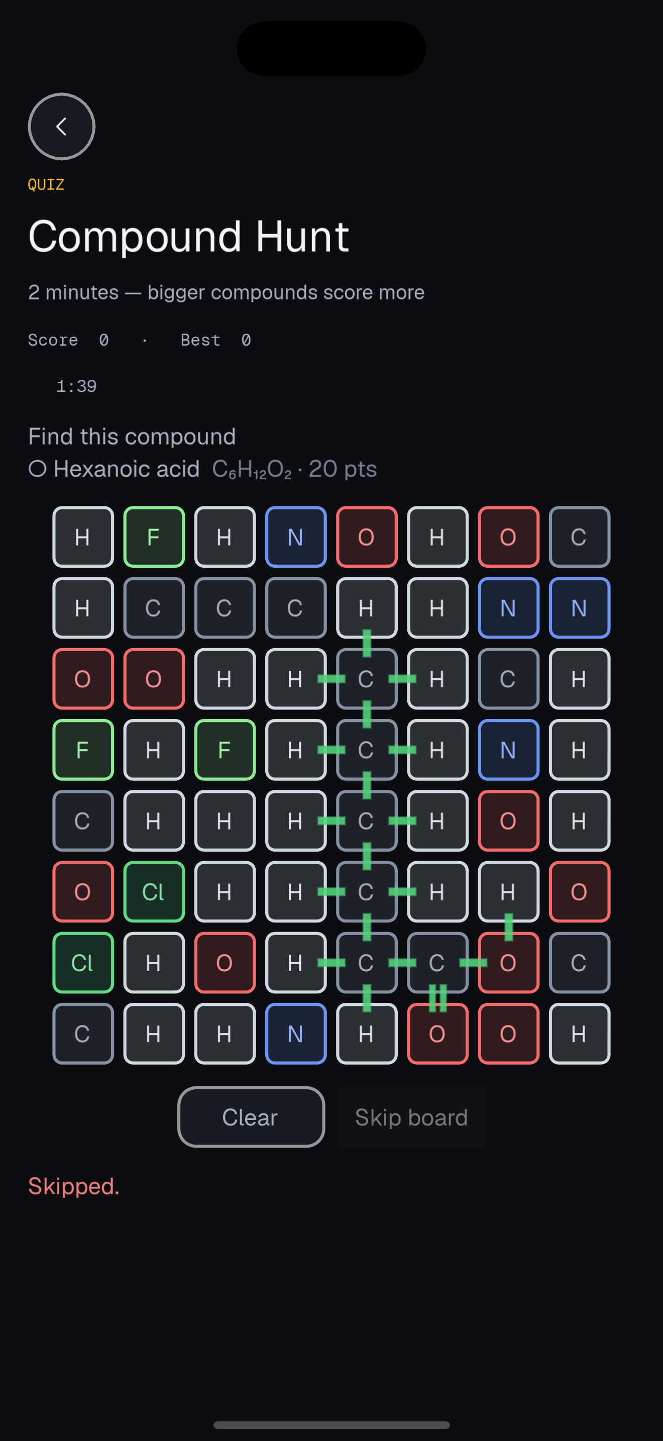 Compound Hunt — Build a named molecule against the clock