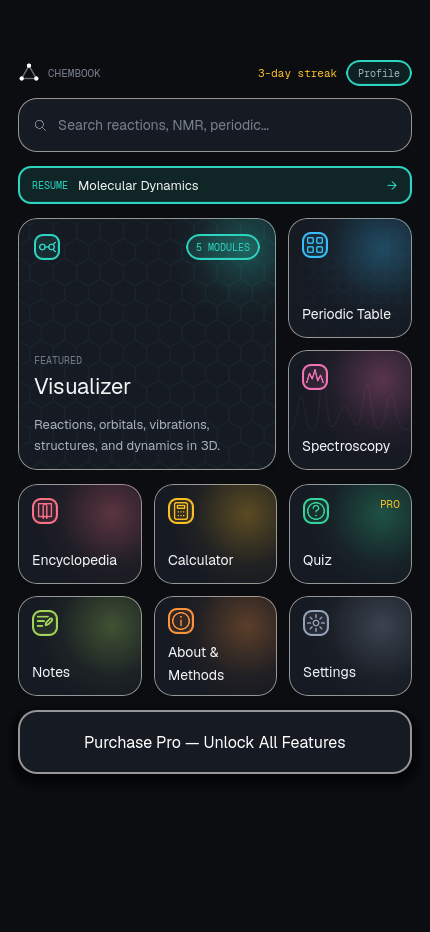 The Chembook home screen with its module tiles and search