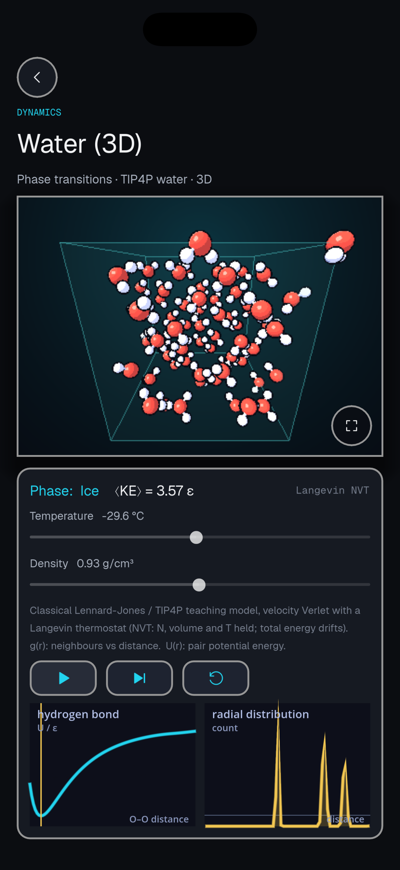 Dynamics — TIP4P water with live g(r)