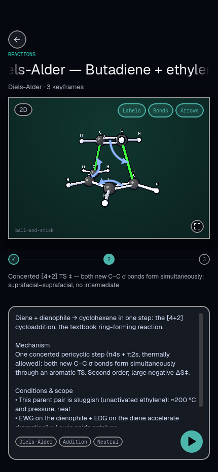 The Chembook reaction viewer showing a Diels-Alder transition state with electron-pushing arrows