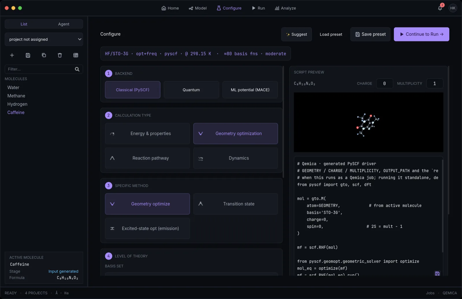 Qemica Configure screen with an HF/STO-3G opt+freq recipe for caffeine: backend picker with Classical PySCF, Quantum, and ML potential MACE, calculation-type cards, and the live script preview