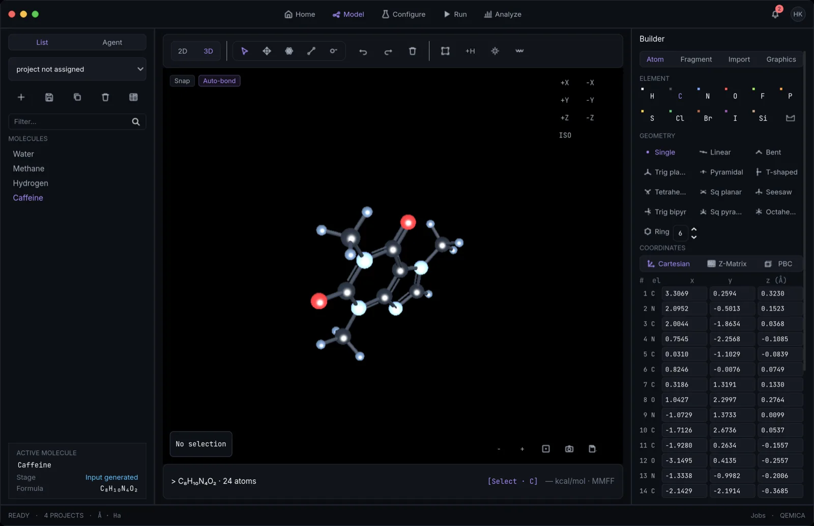 Qemica Model screen in 3D mode showing a caffeine molecule, the tool palette, and the builder rail with elements, VSEPR geometry templates, and a coordinates table