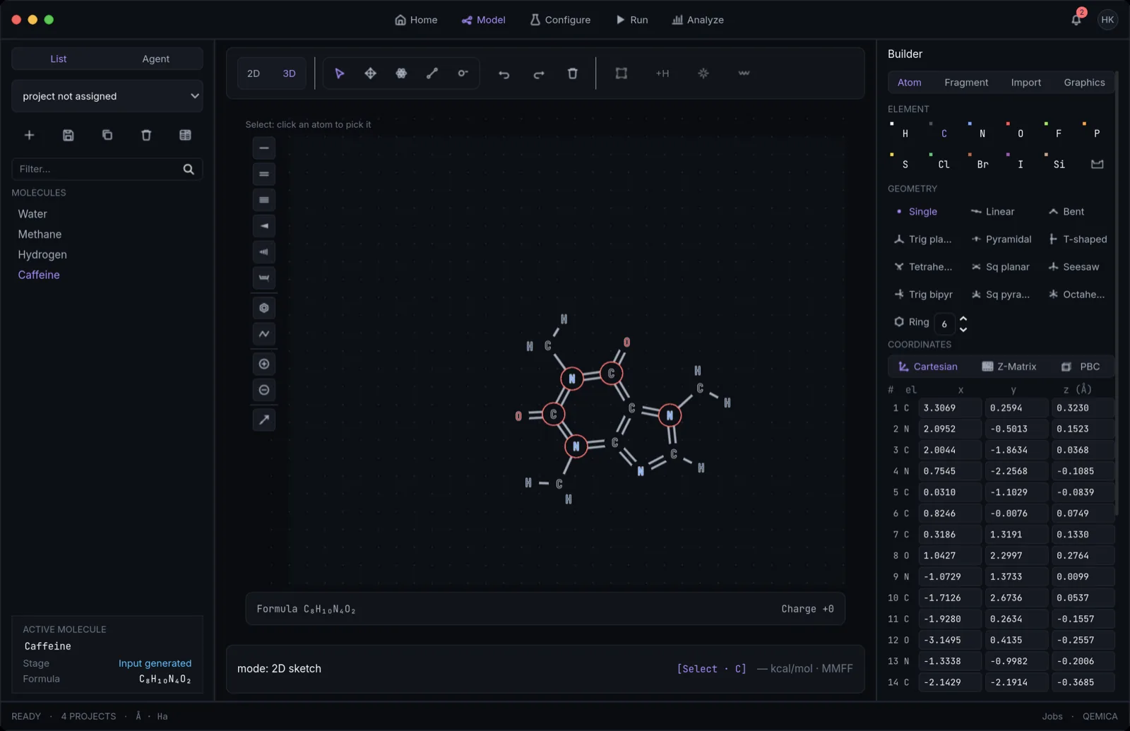 Qemica Model screen in 2D sketch mode showing the caffeine skeletal formula with bond tools and the live formula bar