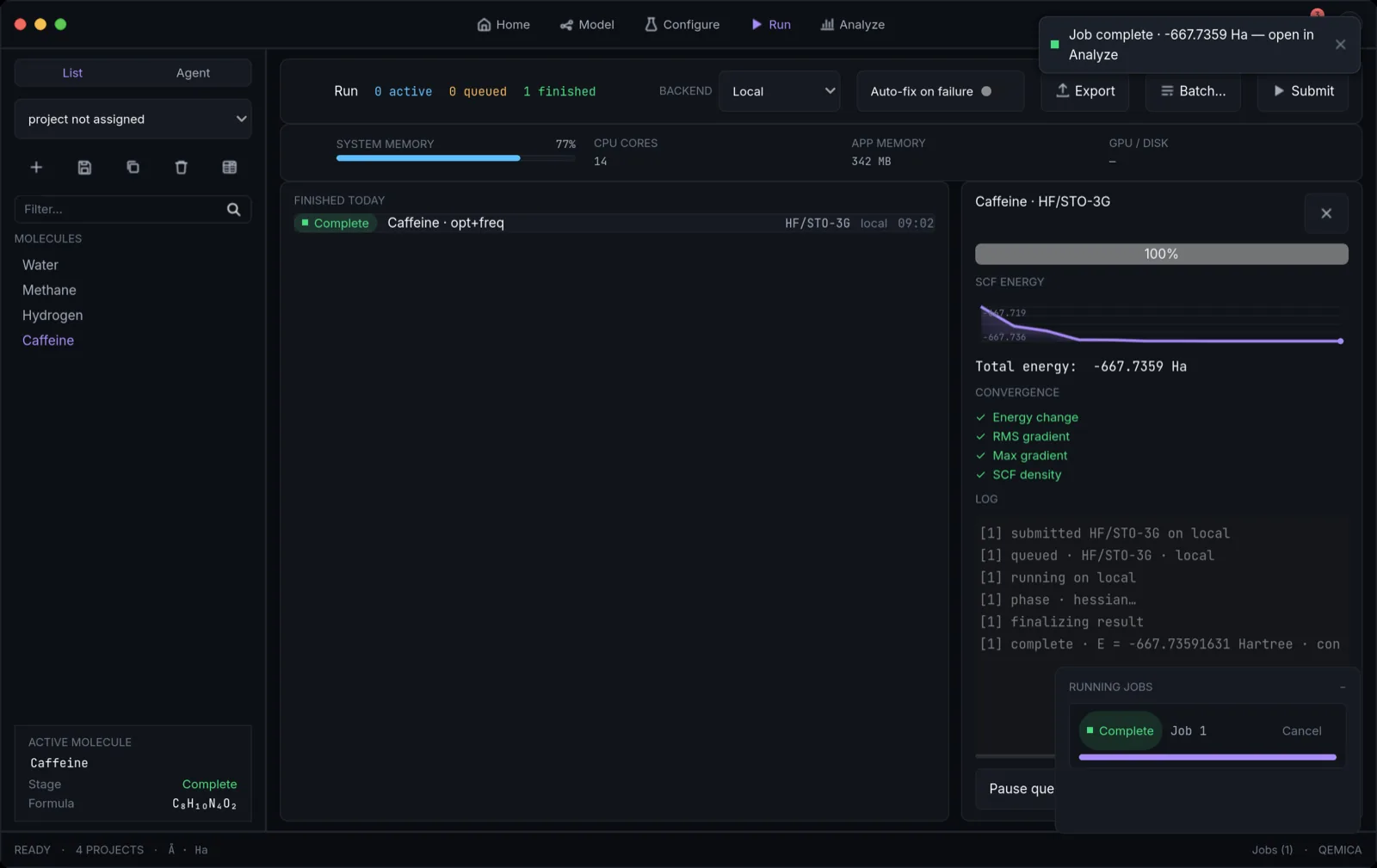 Qemica Run screen with a completed caffeine HF/STO-3G opt+freq job: SCF energy chart, convergence checklist all green, streaming log, and a job-complete toast