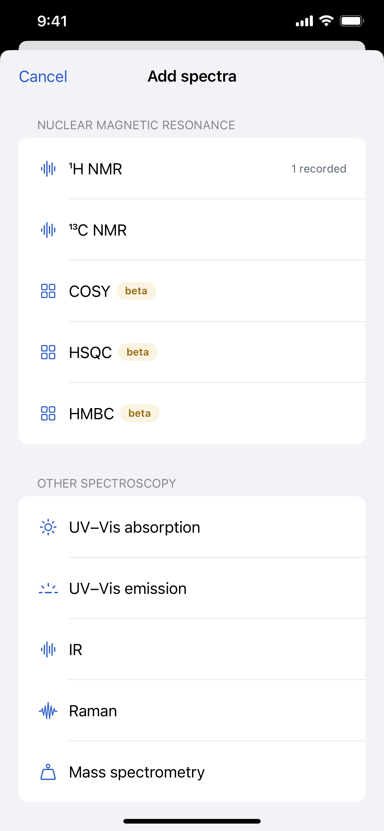 Add spectra — NMR, COSY, HSQC, HMBC and more